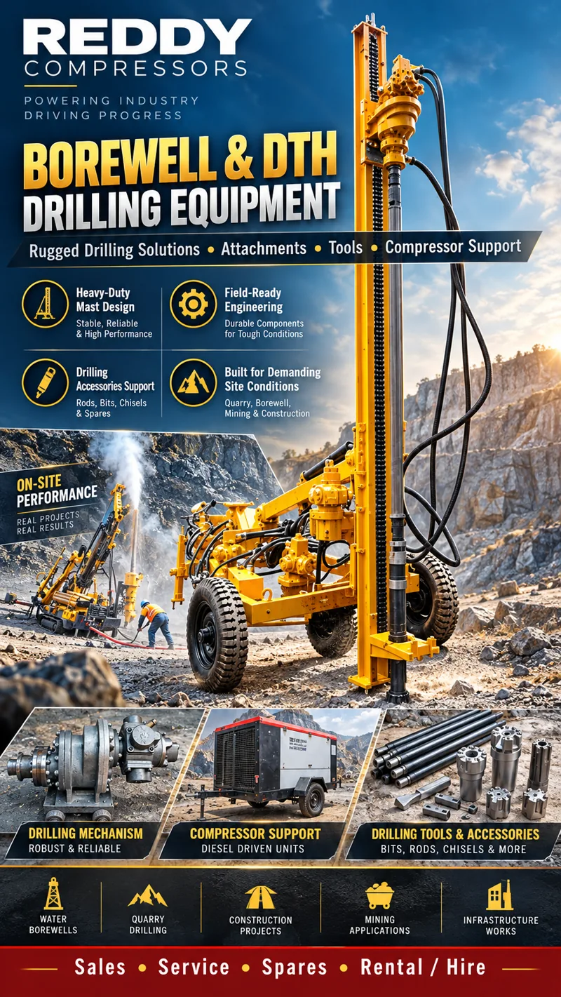Borewell and DTH drilling equipment, tools and compressor support