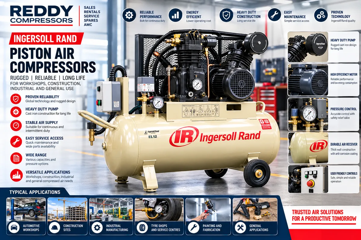Piston air compressor features and typical applications