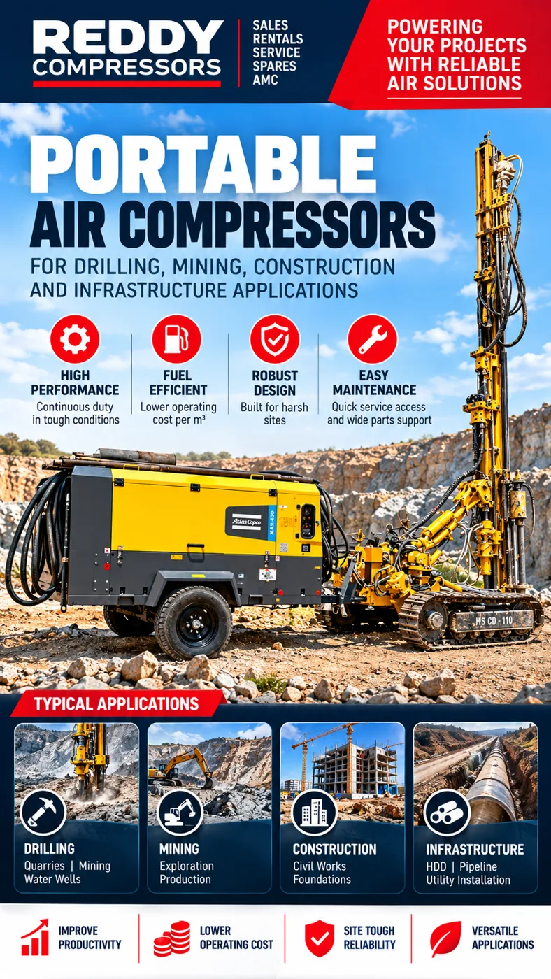 Portable air compressor powering a drilling rig on a quarry site