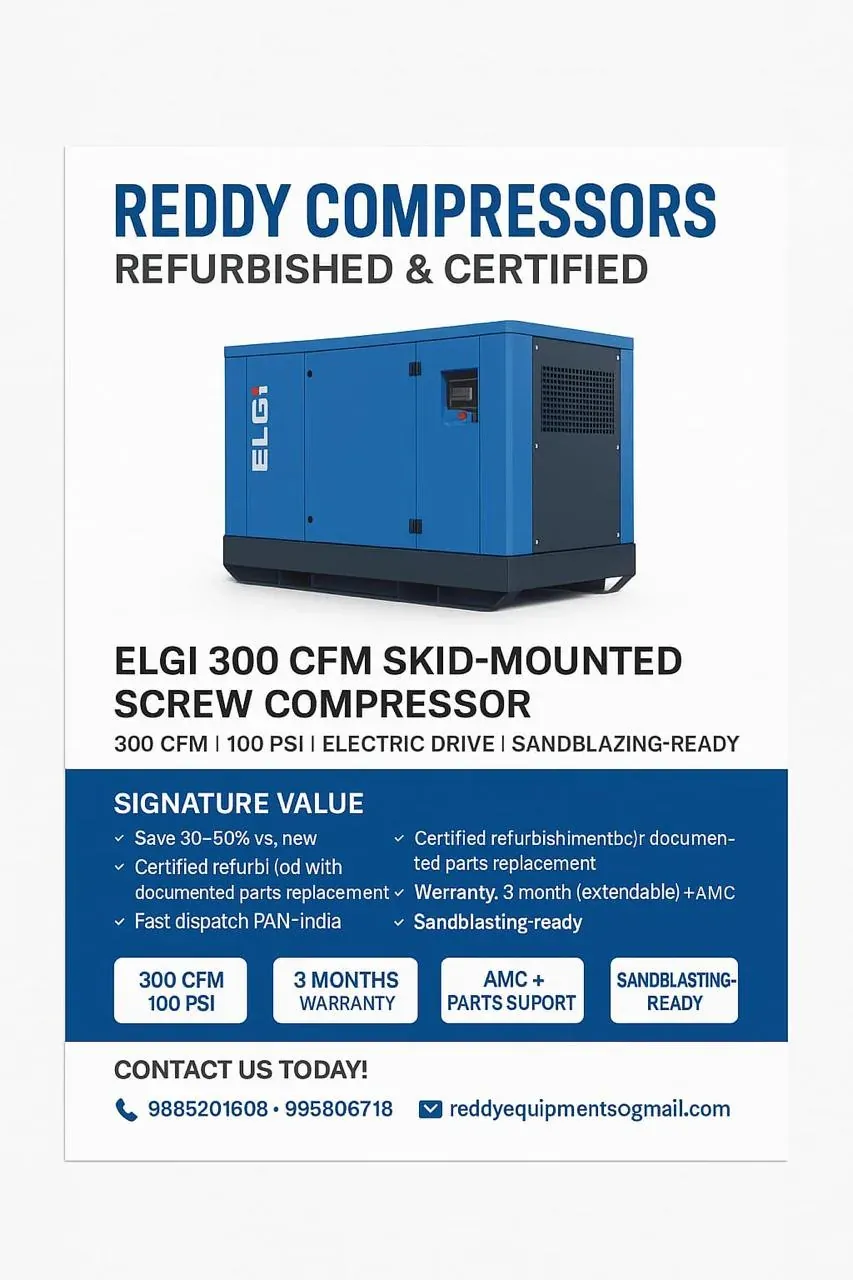 Refurbished ELGi 300 CFM skid-mounted screw compressor