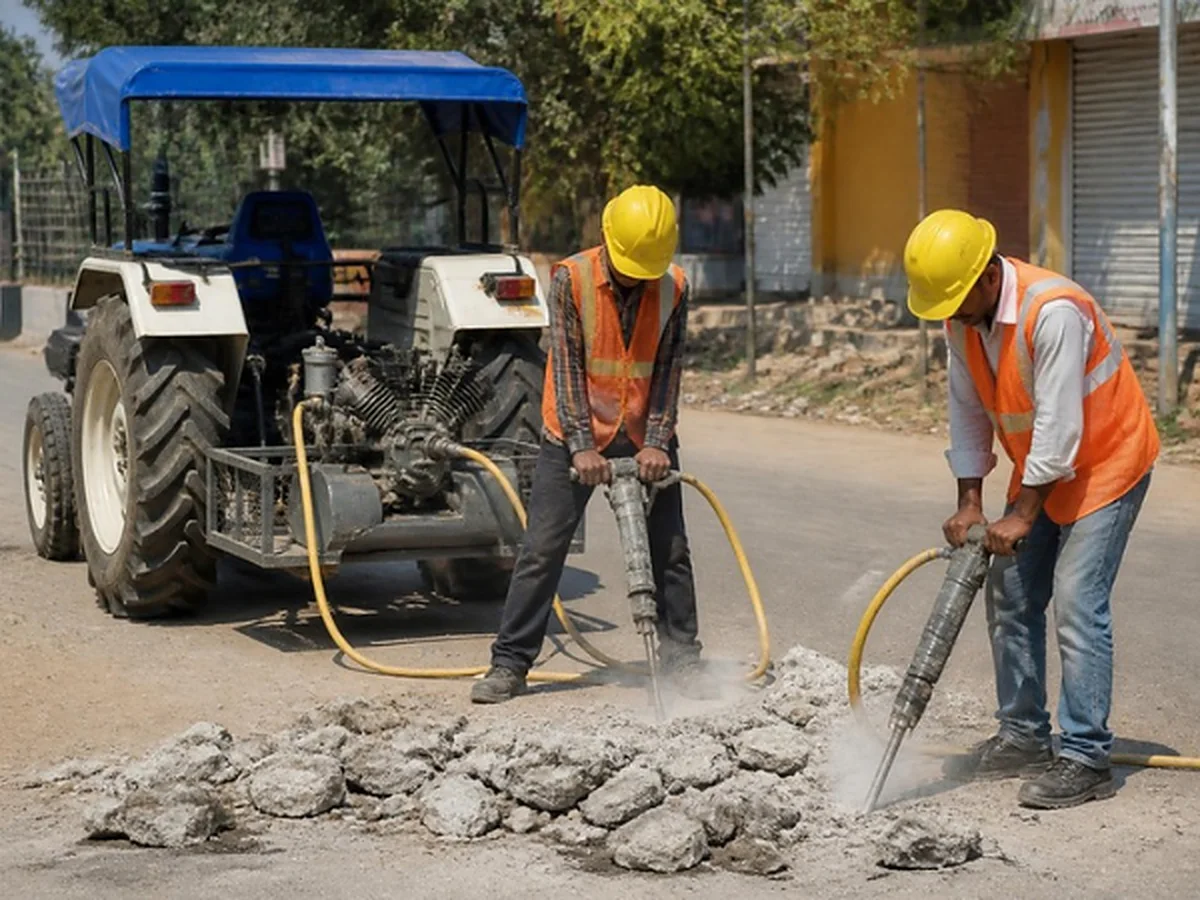 Two workers breaking a concrete road with pneumatic breakers fed by a tractor-mounted air compressor