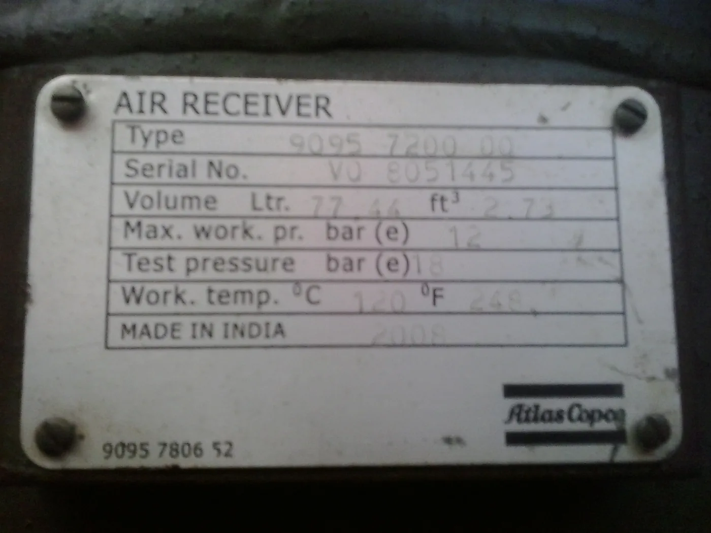 Air receiver nameplate: volume, pressures and year