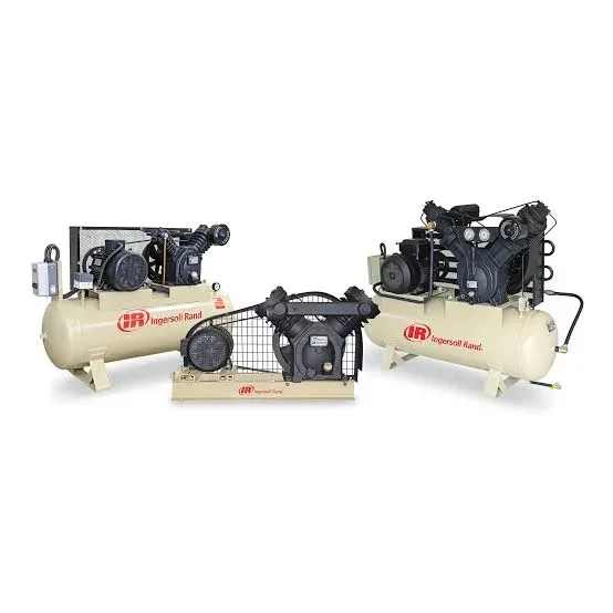Three Ingersoll Rand reciprocating piston air compressors, tank-mounted and base-mounted models