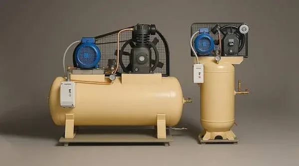 Horizontal and vertical tank-mounted reciprocating air compressors with blue motors