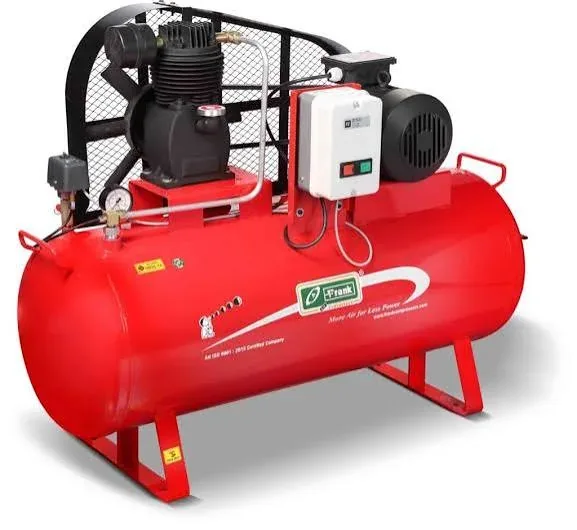 Red Frank reciprocating air compressor with motor and starter on horizontal tank