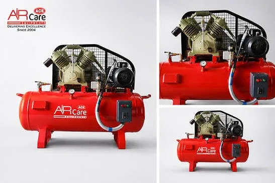 Red Air Care ACE reciprocating compressor shown in front and close-up views