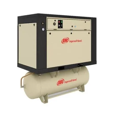 Ingersoll Rand tank-mounted rotary screw air compressor in cream and black
