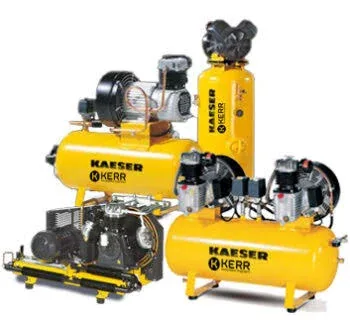Yellow Kaeser Kerr piston compressors in horizontal, vertical and twin layouts
