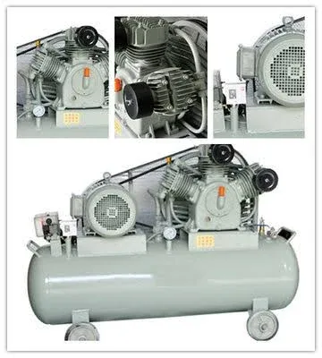 Grey reciprocating compressor with close-ups of pump, motor and gauge