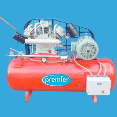 Red Premier two-stage reciprocating compressor on blue background