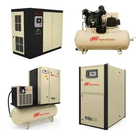 Four Ingersoll Rand compressors: rotary screw, reciprocating and tank-mounted with dryer